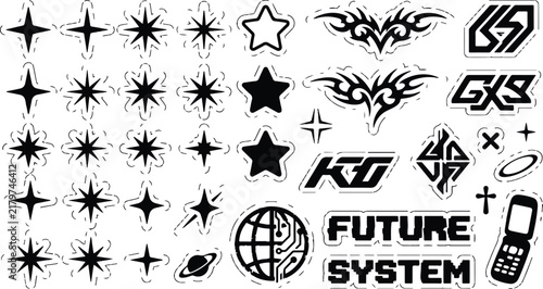 Y2k aesthetic vector sticker sheet featuring stars tribals and futuristic icons aesthetic futuristic collection distressed abstract ornament decoration template
