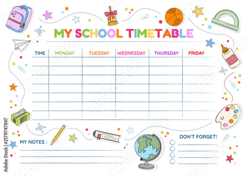 School Timetable and Weekly Planner Template for Kids with Hand Drawn Doodle Icons