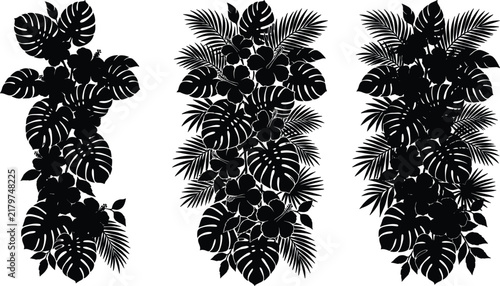 Tropical monstera leaves and exotic hibiscus flowers black silhouette vertical border set for botanical design