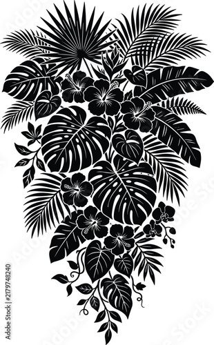 Tropical leaves and exotic flowers black vector silhouette botanical arrangement for summer jungle design