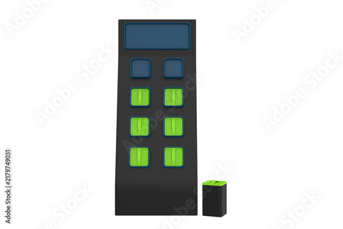 Outdoor public charging cabinet with battery exchange module for electric motorcycles, bicycles, and scooters, featuring solar energy storage and charging station technology. 3D illustration