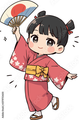  Cute Chibi Anime Japanese Girl Holding Folding Fan Vector Illustration