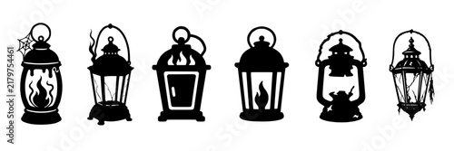 lantern silhouettes with different shapes, one containing a flame, symbolizing gothic light