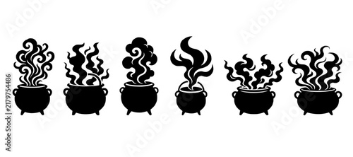 cauldrons with swirling smoke, symbolizing witchcraft and fantasy