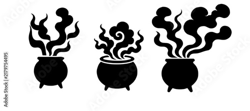 Three cauldrons emitting smoke, symbolizing witchcraft and Halloween magic