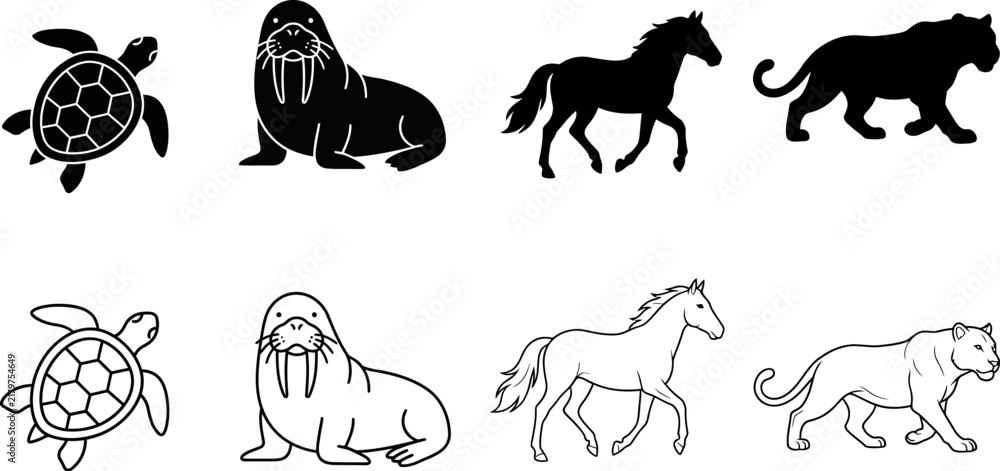 Obraz premium Vintage style animal silhouettes including a turtle dog horse and lion