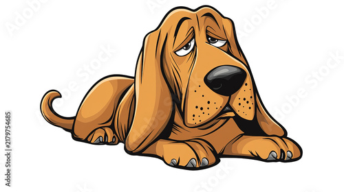 Sad Bloodhound Illustration: A cartoon bloodhound with drooping ears and a forlorn expression lies down, conveying a feeling of melancholy and sadness.