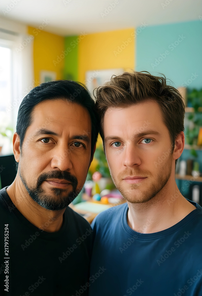 Fototapeta premium Diversity and inclusion, portrait of a multiethnic gay couple looking at the camera in a modern home office, LGBTQ+ relationship and equality