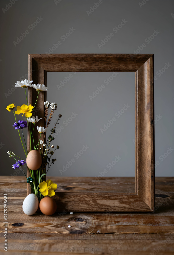 Obraz premium Easter celebration and spring holiday concept, wooden picture frame with fresh wildflowers and organic eggs on a rustic wooden table for seasonal decor