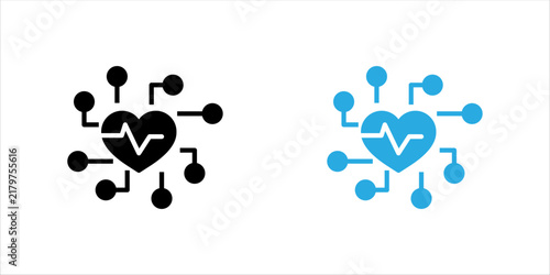 Outline heart connected to digital network nodes, representing healthcare connectivity, social networks, digital care, medical technology, and online support.