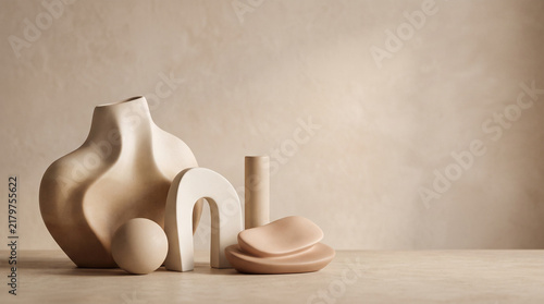 Foto An elegant abstract scene rendered in monochromatic beige and skin tones, featuring a harmonious blend of smooth, organic shapes and minimalist geometric objects