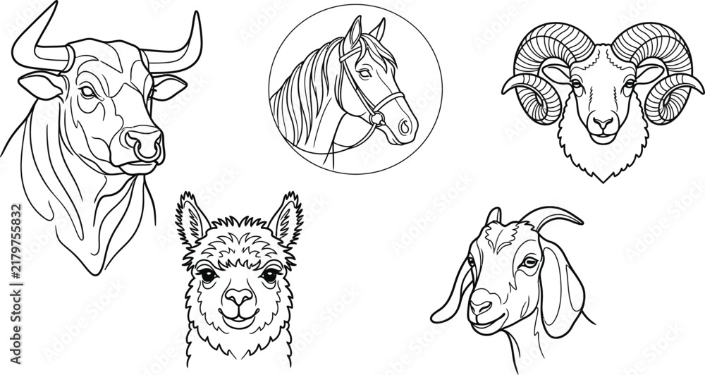Fototapeta premium Farm Livestock Animal Portraits Line Icon Set Featuring Bull Head, Bridled Horse, Horned Ram, Alpaca Llama, and Goat