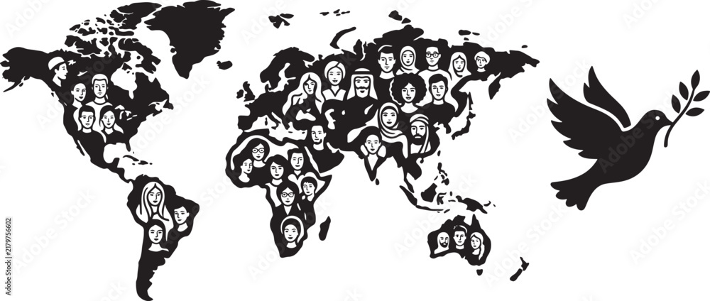 Fototapeta premium World map silhouette with diverse people faces and a flying peace dove with olive branch.