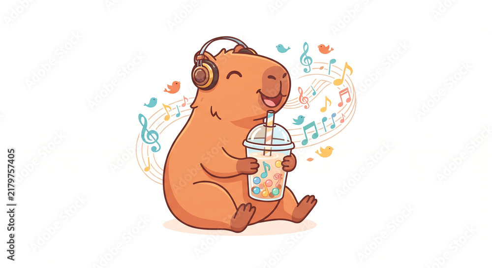 Fototapeta premium Cute Capybara Wearing Headphones Drinking Bubble Tea with Floating Musical Notes Illustration