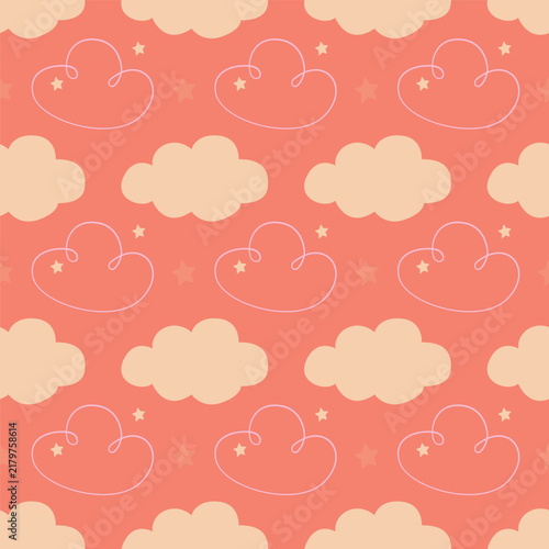 Cute sky seamless pattern background with fluffy clouds and stars