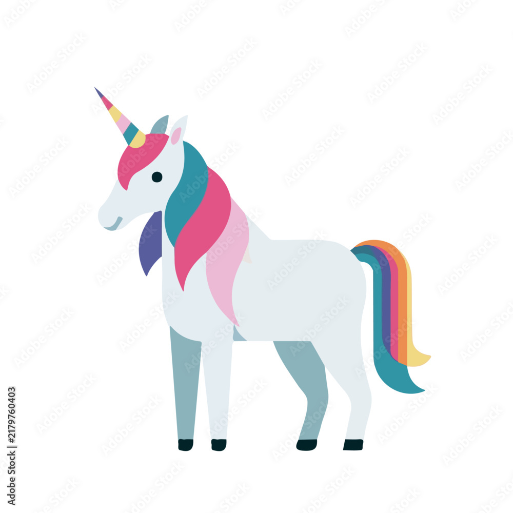 Obraz premium Unicorn, rendered in a minimalist 2D flat vector icon style against a pure white backdrop