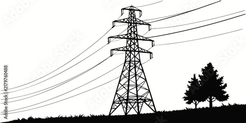High-voltage power transmission tower against clear sky electricity pylon lattice steel structure