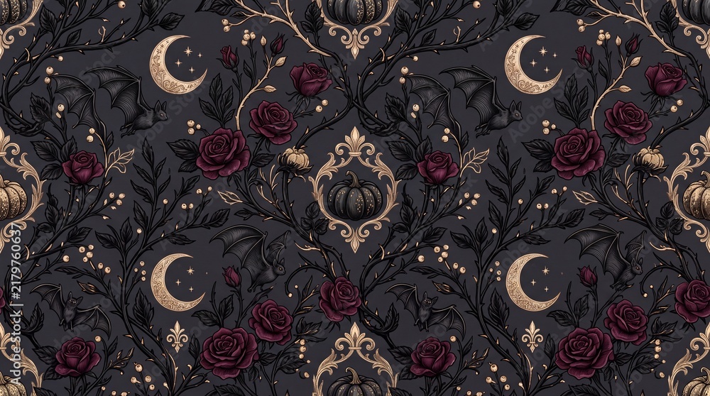 Gothic halloween pattern features roses bats pumpkins and crescent moons
