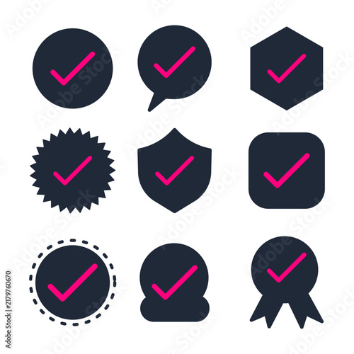 Set of 9 minimalist checkmark and approval icons in pink on transparent background for UI design