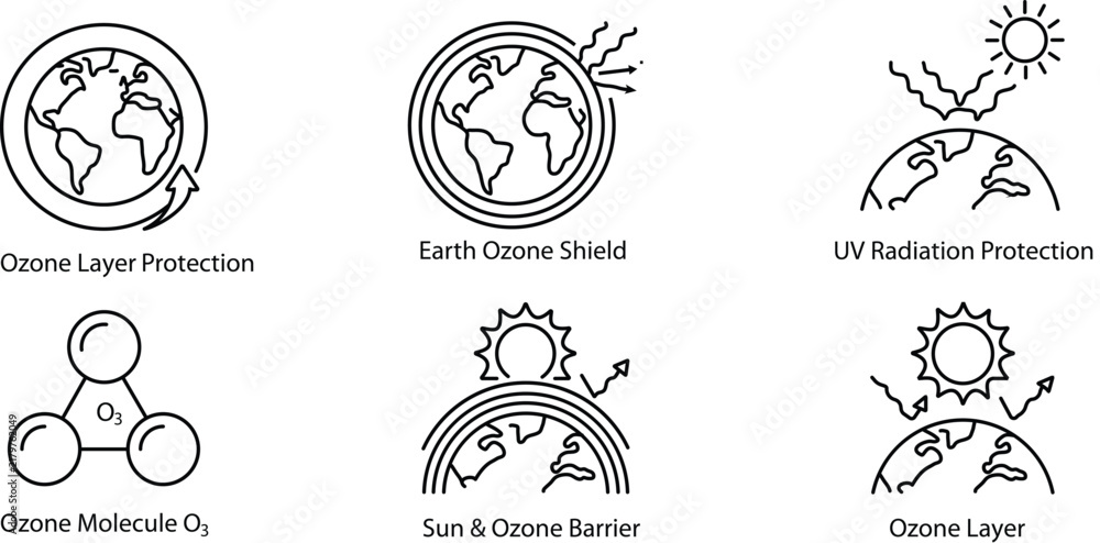 Fototapeta premium Set of six ozone layer and ultraviolet radiation protection icons