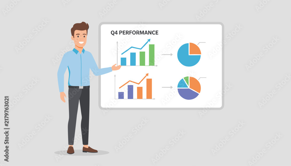 Obraz premium Successful young male manager presenting q4 performance company financial report charts on white presentation board.