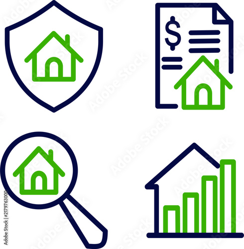 Home protection and real estate growth concept with shield, house search, and investment chart icons