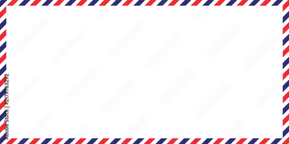 Fototapeta premium Airmail Envelope frame images with strips. International vintage letter border. Retro air mail postcard with blue and red stripes. Empty classic postal frame. Vector illustration