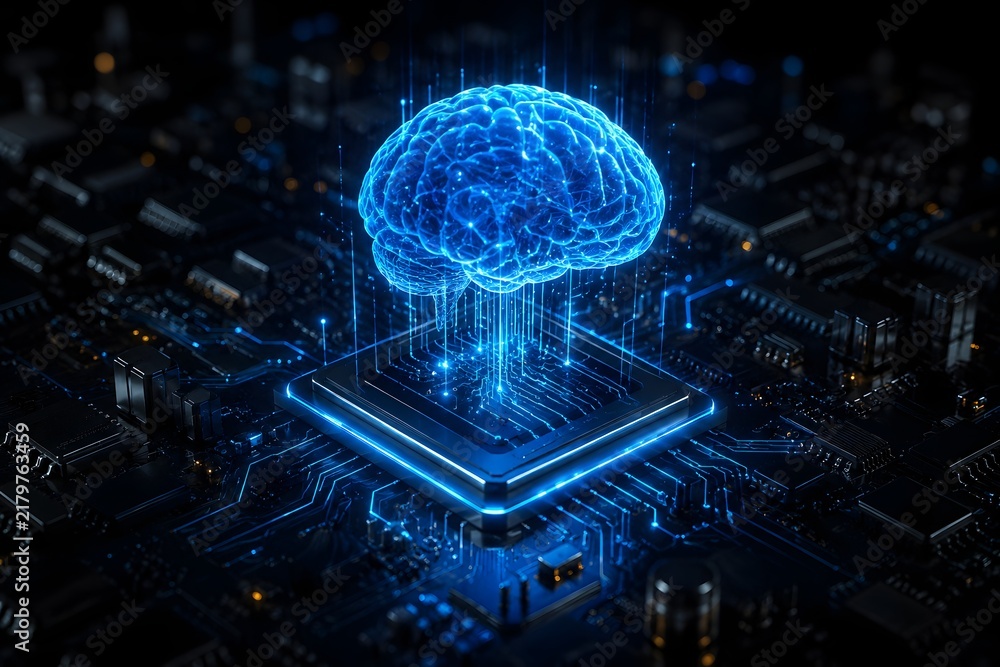 Fototapeta premium Digital brain on circuit board with glowing blue data streams