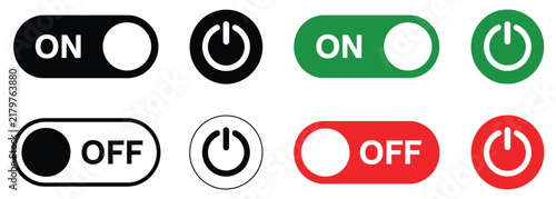 Foto Switch Toggle icons with ON OFF buttons, slider controls, power symbols, mobile