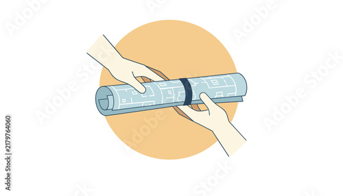 Handover of a rolled architectural blueprint scroll from one developer to another on an orange background.
