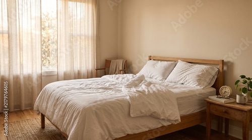 Peaceful Sunlit Bedroom with Unmade Bed for Healthy Sleep and Wellness