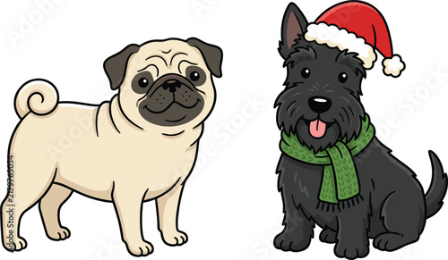 Canvastavla Two Cartoon Dogs Wearing Festive Hats and Scarves, a Pug and a Scottish Terrier