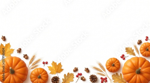 A beautiful autumn still life arrangement with pumpkins, pinecones, and vibrant, colorful fall leaves displayed on a clean, bright white backdrop with