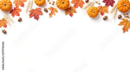 Beautiful autumn flat lay featuring bright orange chrysanthemums and a variety of colorful maple leaves on a simple, clean white surface