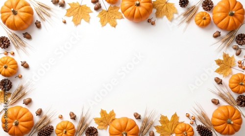 A beautiful autumnal frame featuring pumpkins, pinecones, and vibrant, colorful fall leaves set against a bright white backdrop, forming a seasonal border