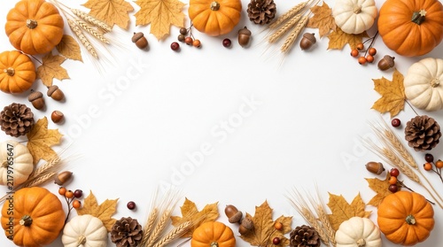 A beautiful autumn flat lay showcases bright, vibrant pumpkins and an assortment of colorful fallen leaves in a decorative frame on a