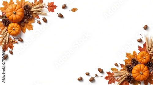Autumn floral arrangement with pumpkins and fall leaves creating a decorative border on a white background