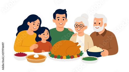 Family celebrating Thanksgiving dinner with turkey and side dishes
