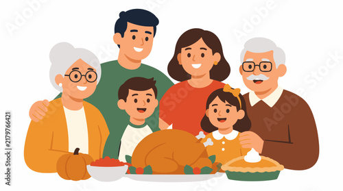 Family celebrating Thanksgiving with turkey and pumpkin decorations