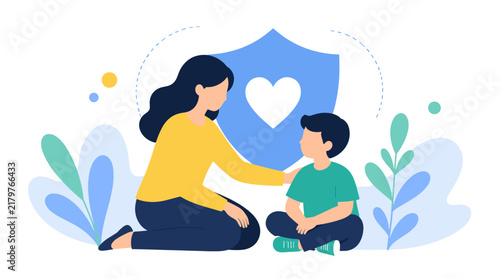 Mother and son showing care and protection with shield and heart symbol