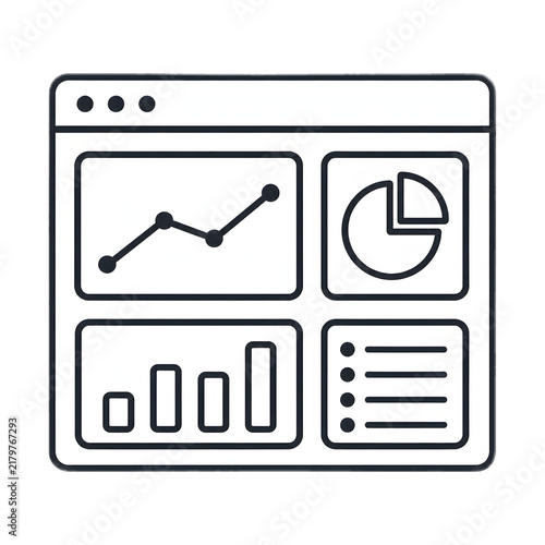 Hand-drawn dashboard icon with data charts and web interface, isolated on transparent background. Clean line art for business reports and analytics.