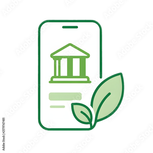 Eco-friendly mobile banking icon featuring a green smartphone with a bank building and organic leaves, isolated on white for sustainable finance and digital investment concepts.