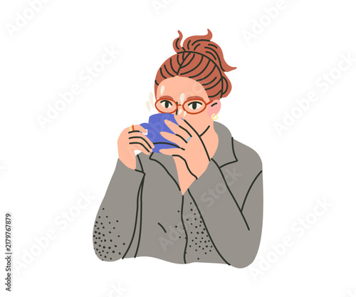 A woman in glasses and a grey sweater with blue cup is enjoying her coffee. A young woman has stepped out for a break a respite from work or studies. A hand-drawn illustration.
