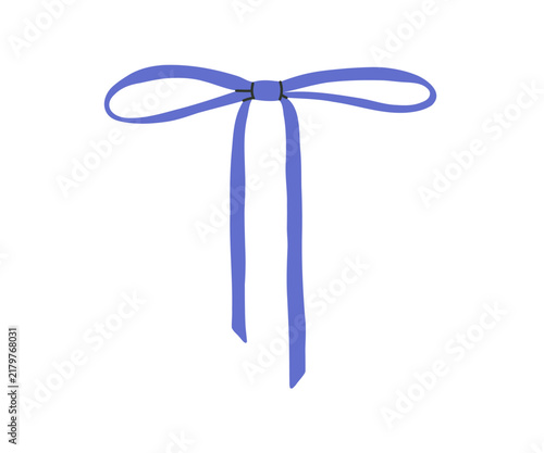 Minimalist blue ribbon bow. Elegant fabric decor for gift or hair. Knot tie, coquette girlish lace, textile decoration.