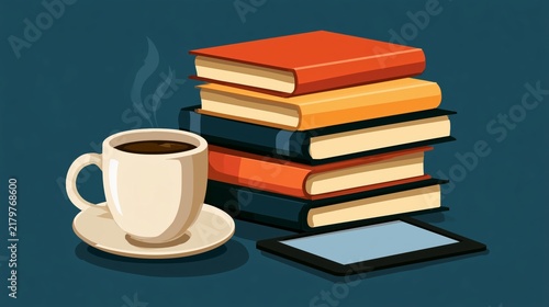 Coffee next to a stack of books and a tablet on a blue background