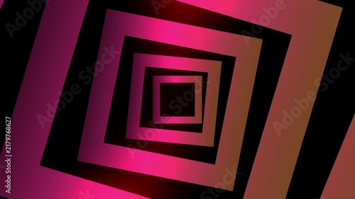 Abstract 3D glowing neon square frames flying through a dark tunnel, featuring dynamic rotation and vibrant purple, pink, and orange gradients on a black background.