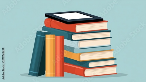 Books and an e-reader stacked on a light blue background