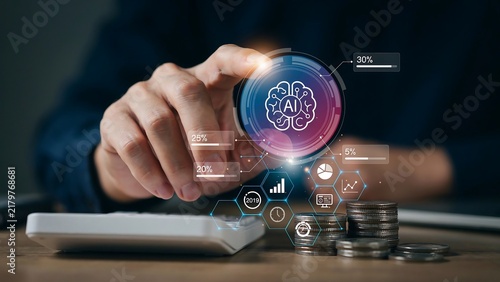 Businessman using calculator with AI technology and data analytics interfaces on virtual screen