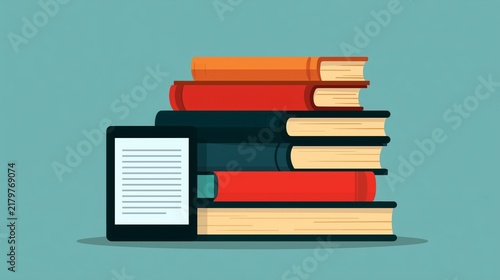 Stack of colorful books next to an e-reader on a simple blue background
