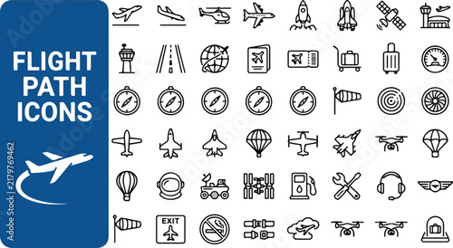 Flight path line art vector icon set with aviation travel airport and aerospace elements